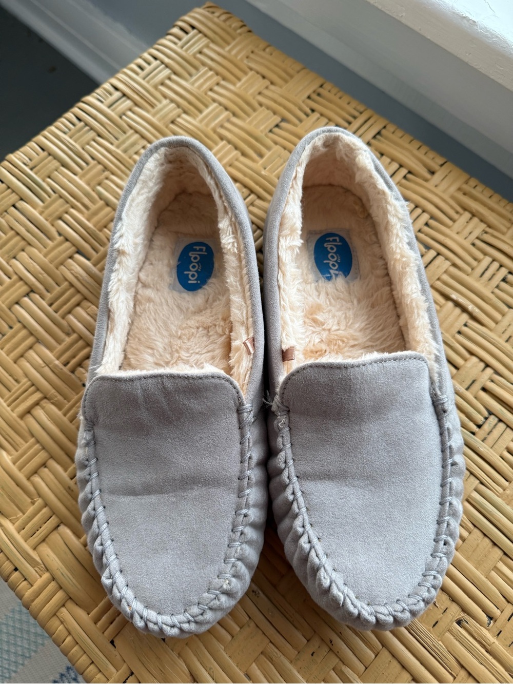 Floopi Gray Faux-Suede Moccasin Slippers with Cream Faux-Fur Lining
